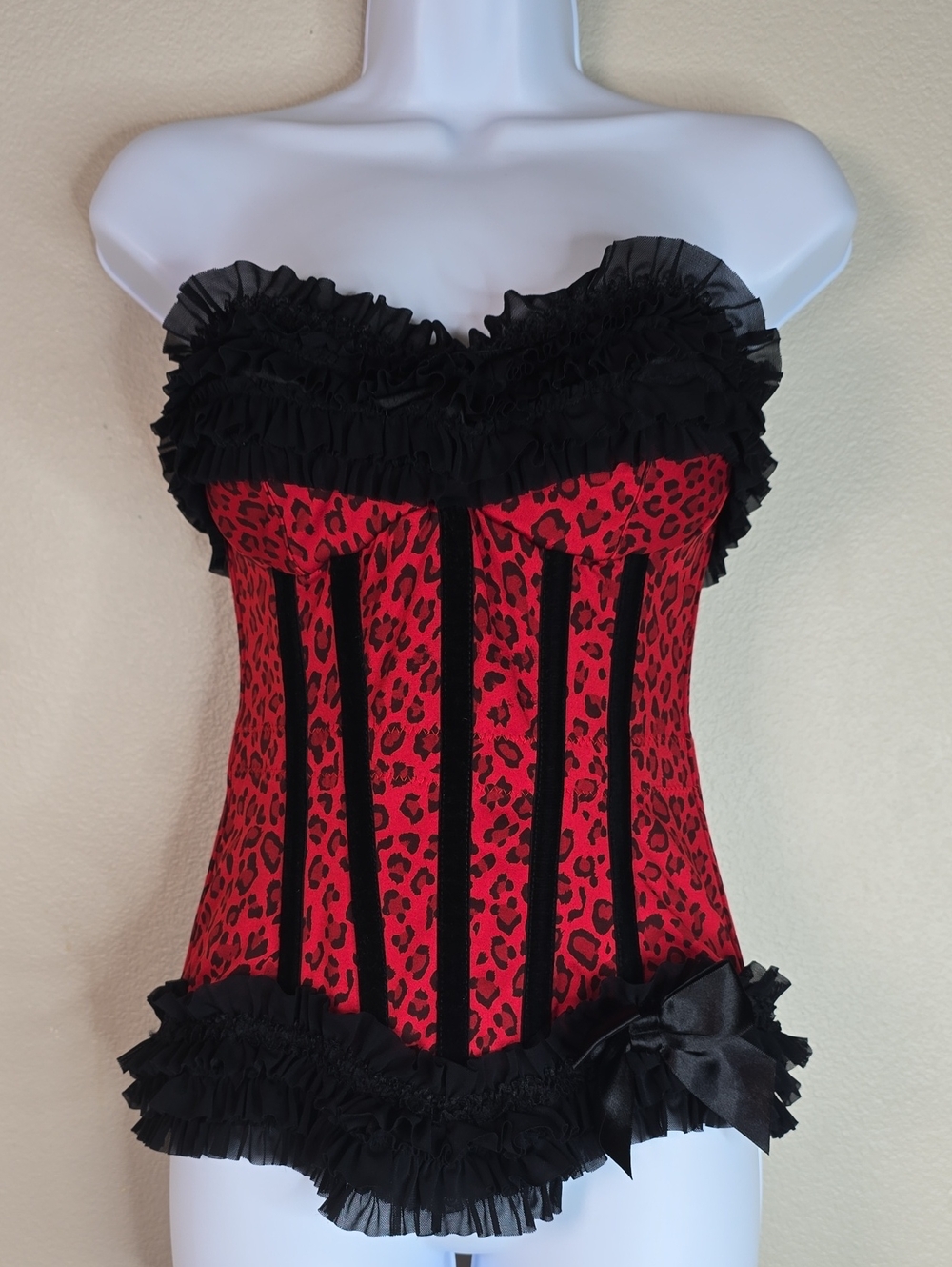 Coquette Y2k, goth, Whimsigoth Red Leopard Corset Bustier with Black Ruffle Trim